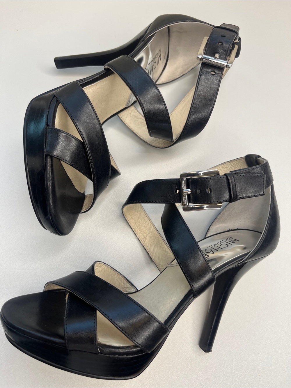 MICHAEL Michael Kors Evie stiletto Black Leather Crisscross Platform High Heels